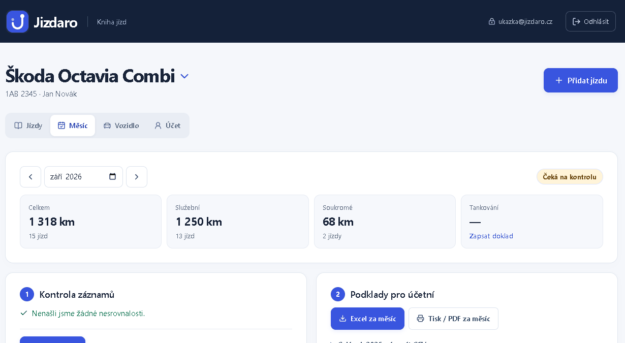 Obrazovka Měsíc v aplikaci na počítači: září 2026, celkem 1 318 km, služební 1 250 km, soukromé 68 km, kontrola záznamů bez nesrovnalostí a tlačítka Excel za měsíc a Tisk / PDF za měsíc.