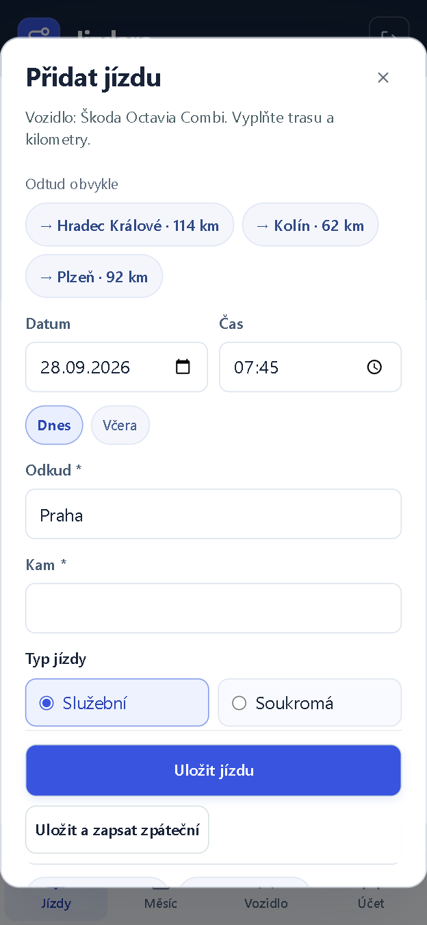 Formulář Přidat jízdu: místo Odkud je předvyplněné Praha, nahoře tlačítka častých tras Hradec Králové 114 km, Kolín 62 km, Plzeň 92 km.