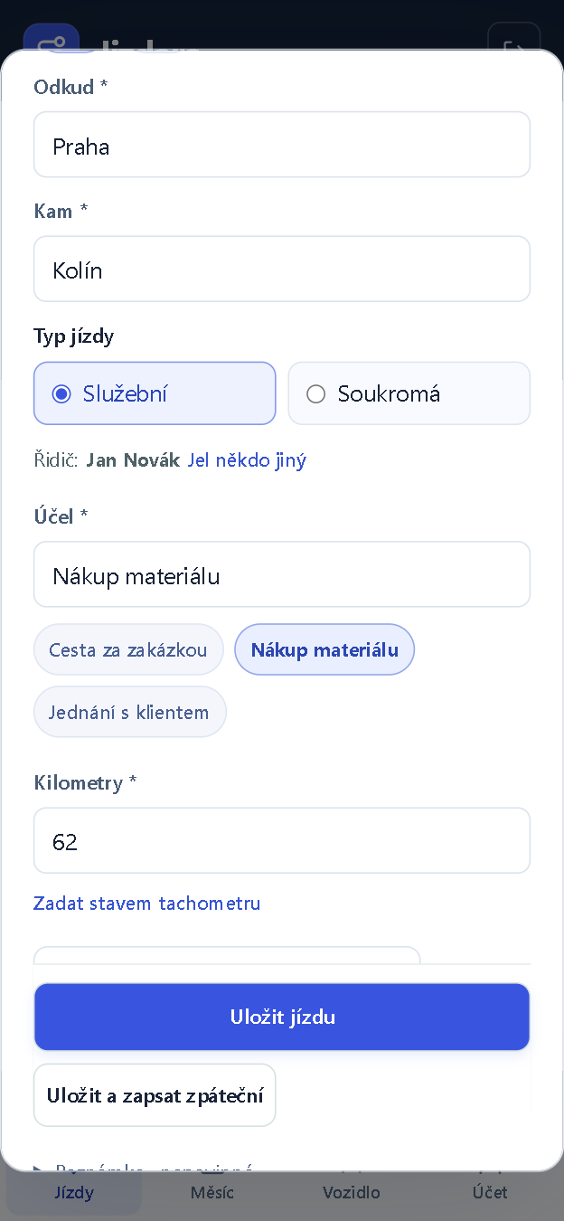 Po klepnutí na trasu Kolín je vyplněno Kam: Kolín, Účel: Nákup materiálu a Kilometry: 62.