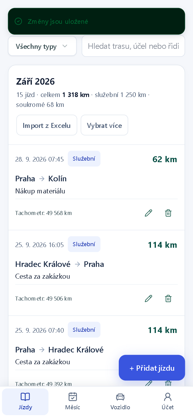 Seznam jízd s novou jízdou Praha – Kolín, 62 km, a hlášením Změny jsou uložené.