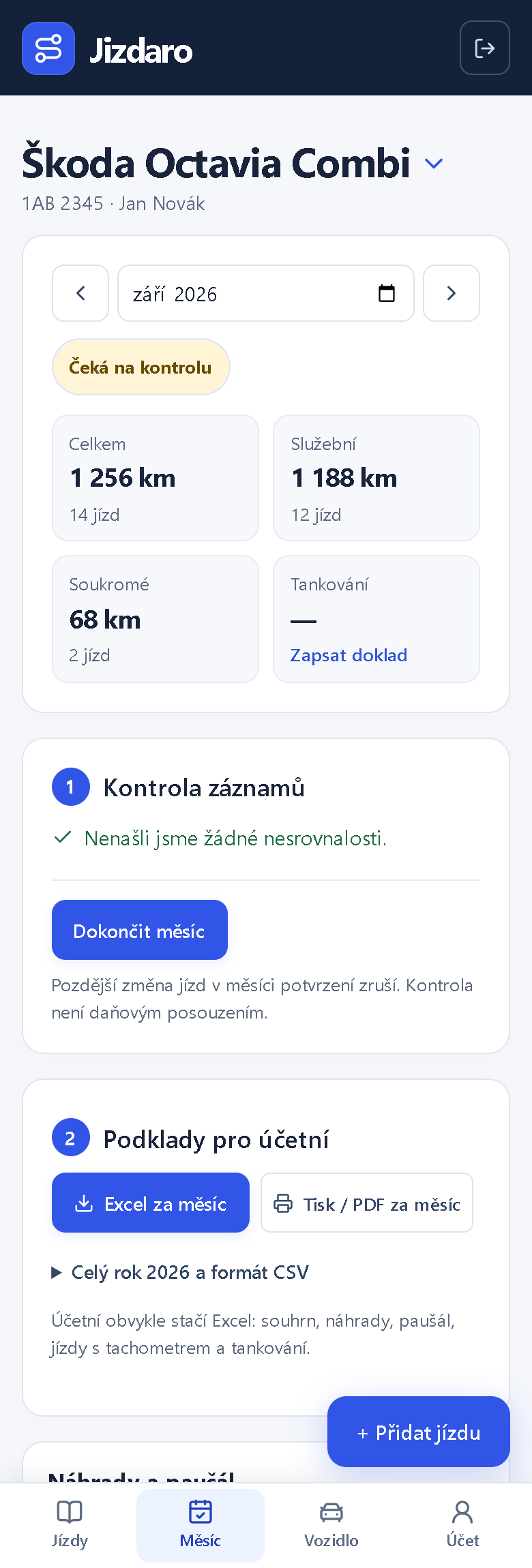 Obrazovka Měsíc: kontrola záznamů bez nesrovnalostí, tlačítko Dokončit měsíc, podklady pro účetní – Excel za měsíc a Tisk / PDF za měsíc.